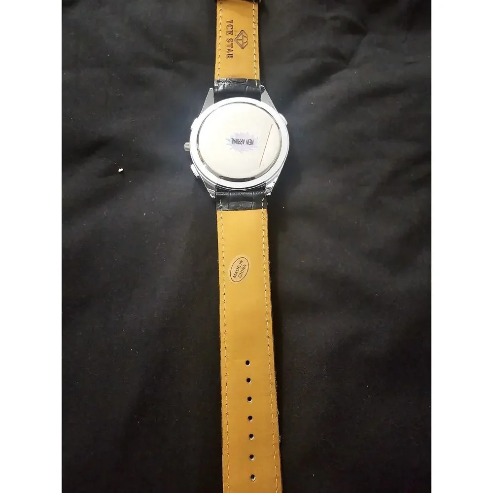 Silver Men's Fashion Chronograph Quartz Wristwatch Black Leather